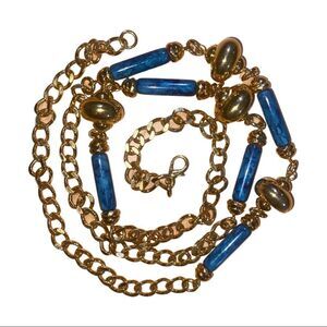 Long Brass Ball Bead & Blue Green Lucite Tube Beads Necklace Vintage Chain